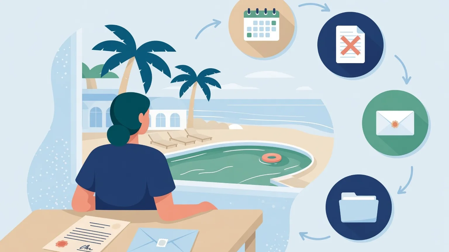A person seen from behind at a desk with a signed contract and an envelope, looking out at palm trees, a beach and a pool, beside icons of a calendar, a document with a red X, an envelope and a folder