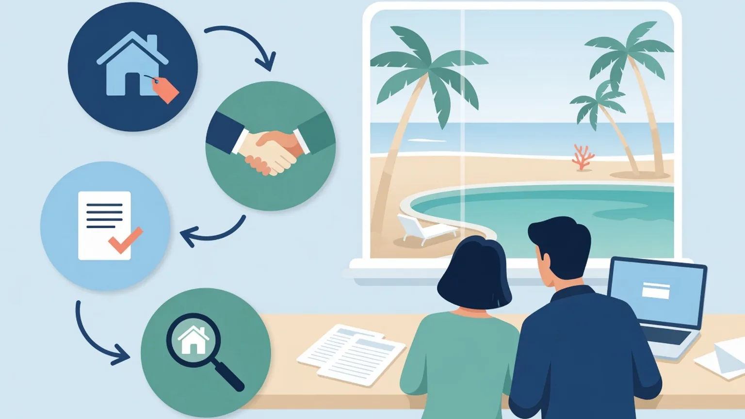 A couple seen from behind at a desk with paperwork and a laptop, looking out a window at palm trees, a beach and a pool, beside icons of a house with a price tag, a handshake, a checked document and a magnifying glass