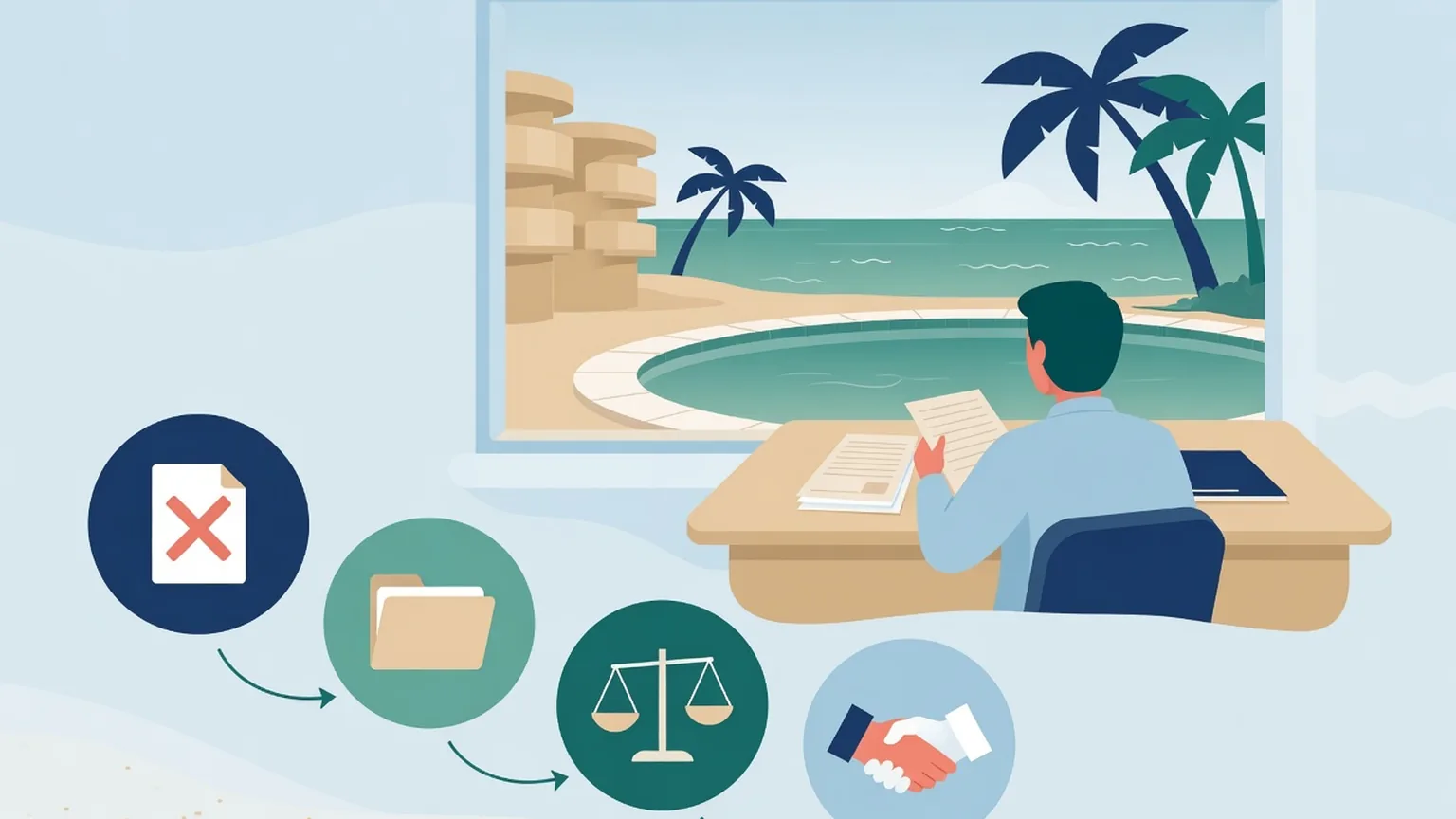 A person seen from behind at a desk with paperwork, looking out a window at palm trees, a beach and a pool, beside icons of a document with a red X, a folder, a scale and a handshake