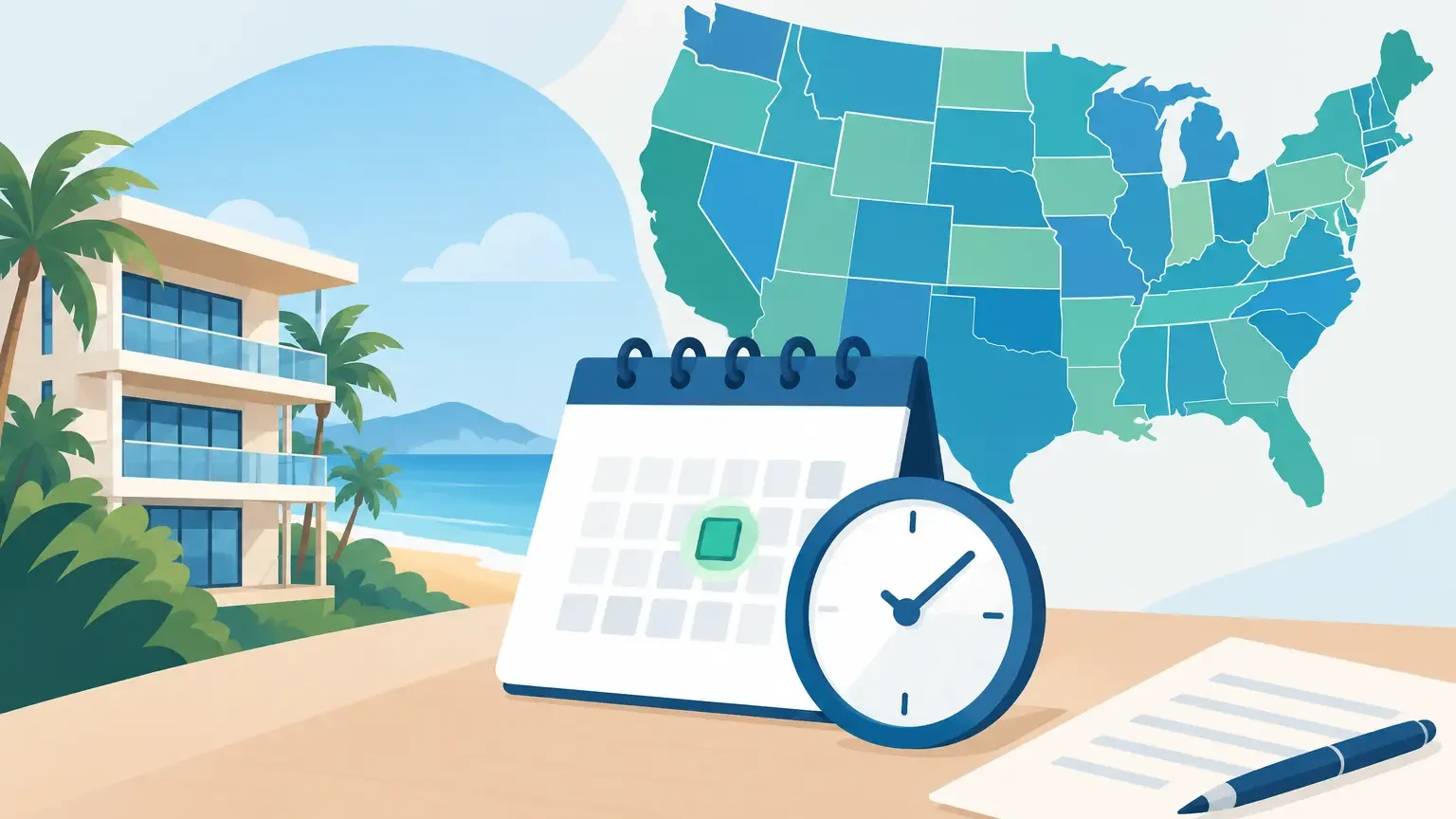 Resort building by the beach next to a calendar, a clock and a map of US states, representing cancellation deadlines
