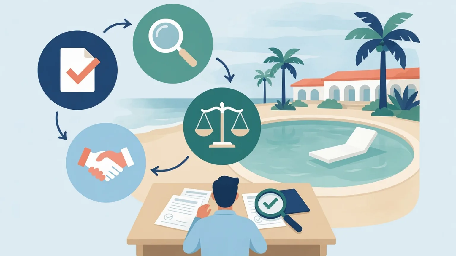 A person seen from behind at a desk with paperwork and a magnifying glass, beside a beach resort with palms and a pool, with icons of a checked document, a magnifying glass, a scale and a handshake