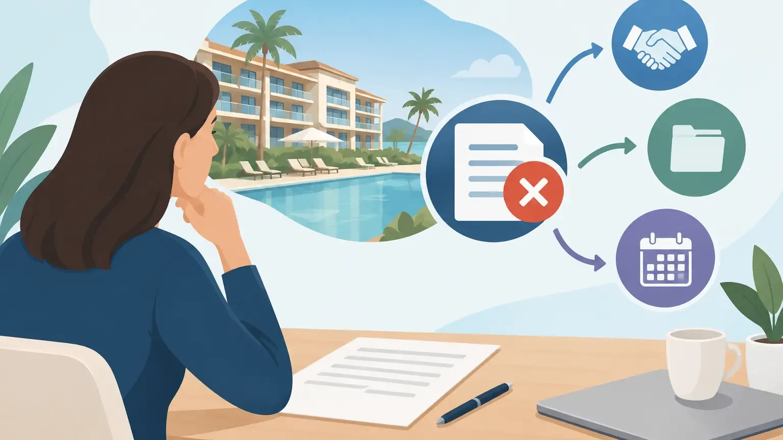 Timeshare owner at a desk weighing a cancelled contract against other exit routes, with a resort pool in the background