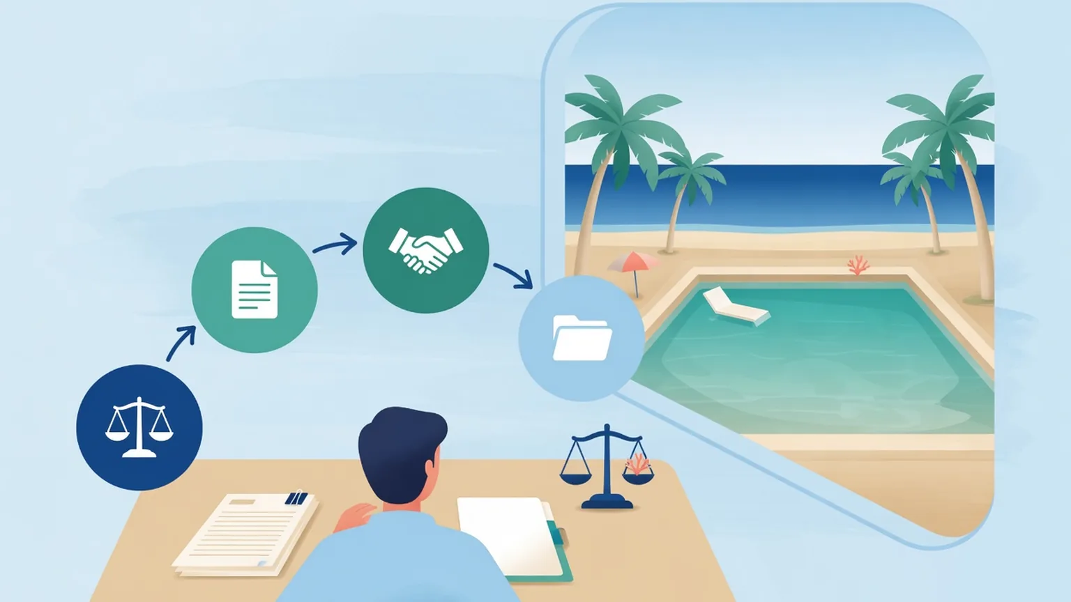 A calm person seen from behind at a desk with paperwork and a scale of justice, looking through a window at palm trees, a beach and a pool, beside icons of a scale, a document, a handshake and a folder